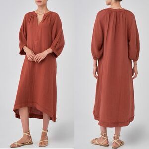 Ocean + Main Rust Cotton Gauze Kaftan Midi Dress 1X Made in USA Pockets